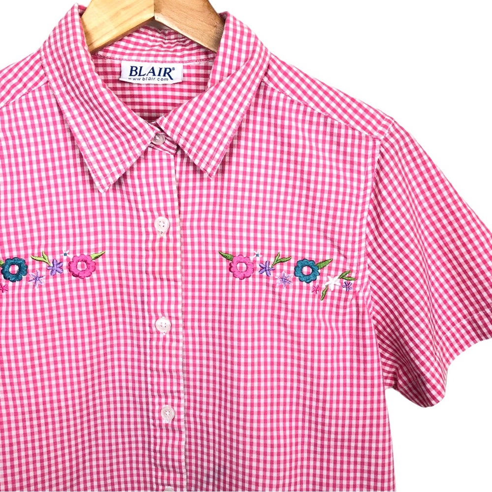 Blair Vintage 90s Gingham Floral Embroidered Picnic Cottagecore Pant Set Pink - Picture 7 of 14